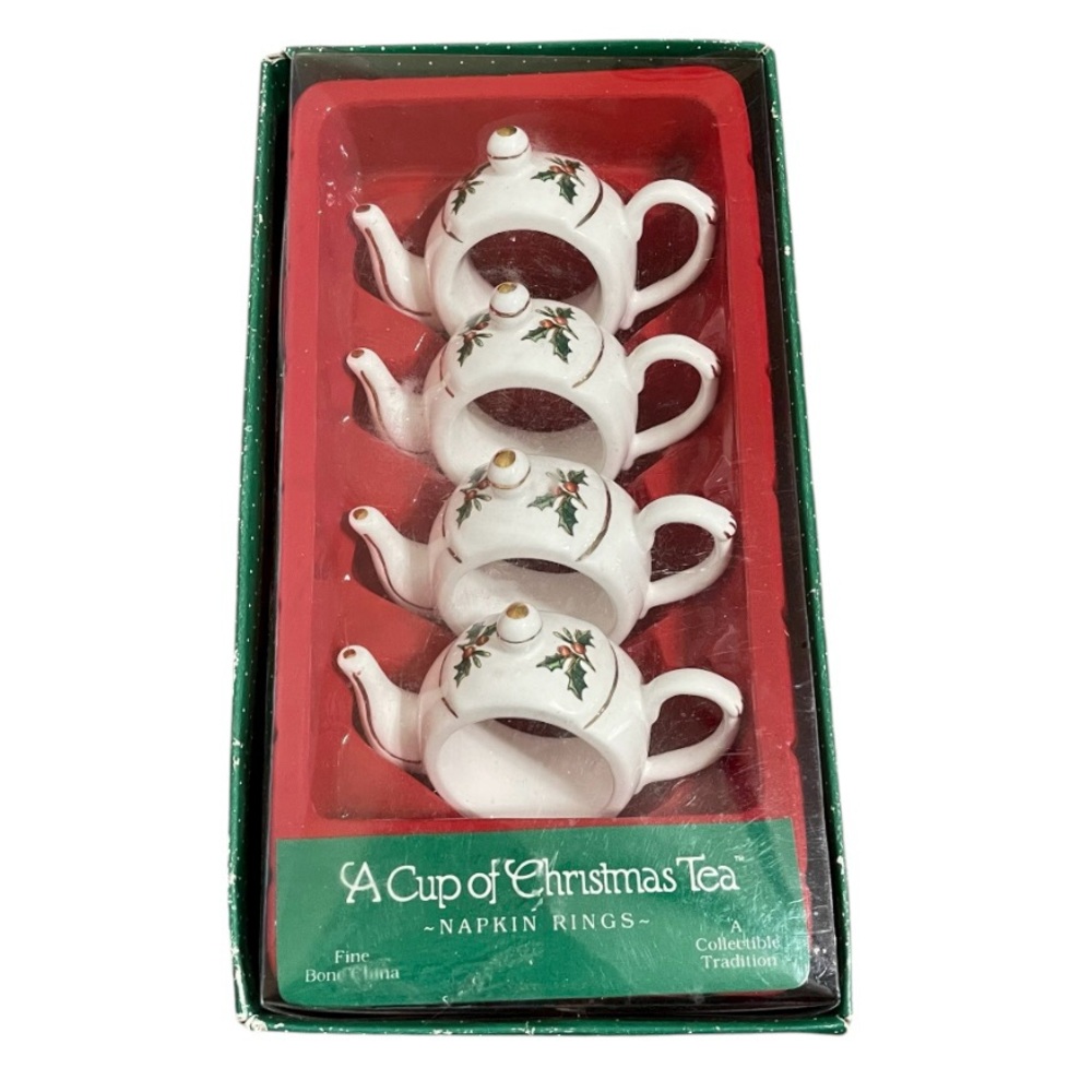 A Cup of Christmas Tea Teapot Napkin Rings Fine Bone China 1995 Vintage Set of 4